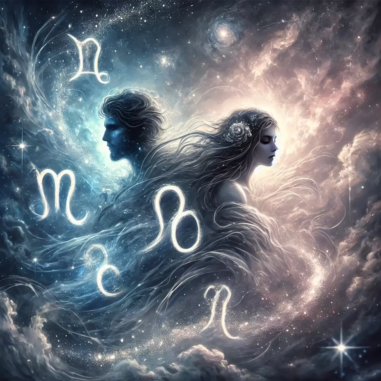 A mystical and emotional artwork featuring two zodiac signs in a cosmic setting, highlighting themes of regret and introspection. The background is a dreamy celestial scene with swirling galaxies, dim stars, and subtle nebulae. The two signs are shown in a symbolic or abstract manner, intertwined with an aura of melancholy, surrounded by a soft glow of blue and silver. The mood is contemplative, with hints of light breaking through the darkness, suggesting hope amidst reflection. The overall style is elegant and ethereal, capturing the emotional essence of astrology.